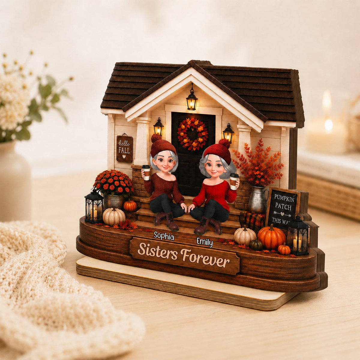 Front Porch Besties Sisters Fall Season 2D Flat - Personalized Wooden Plaque