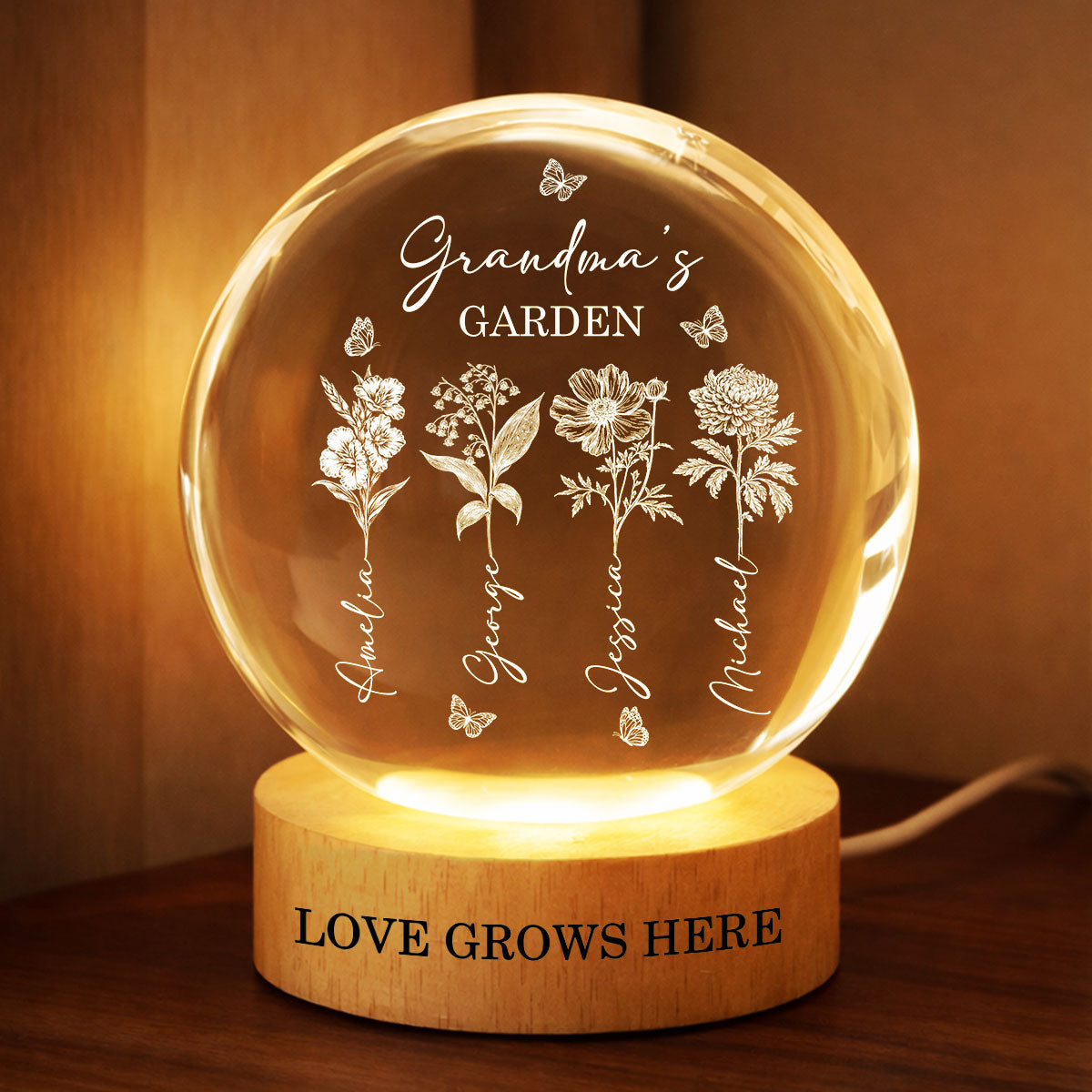 Grandma's Garden - Personalized Crystal Ball LED Night Light - Custom Birth Month Flowers, Heartfelt Gift for Grandma, Mom