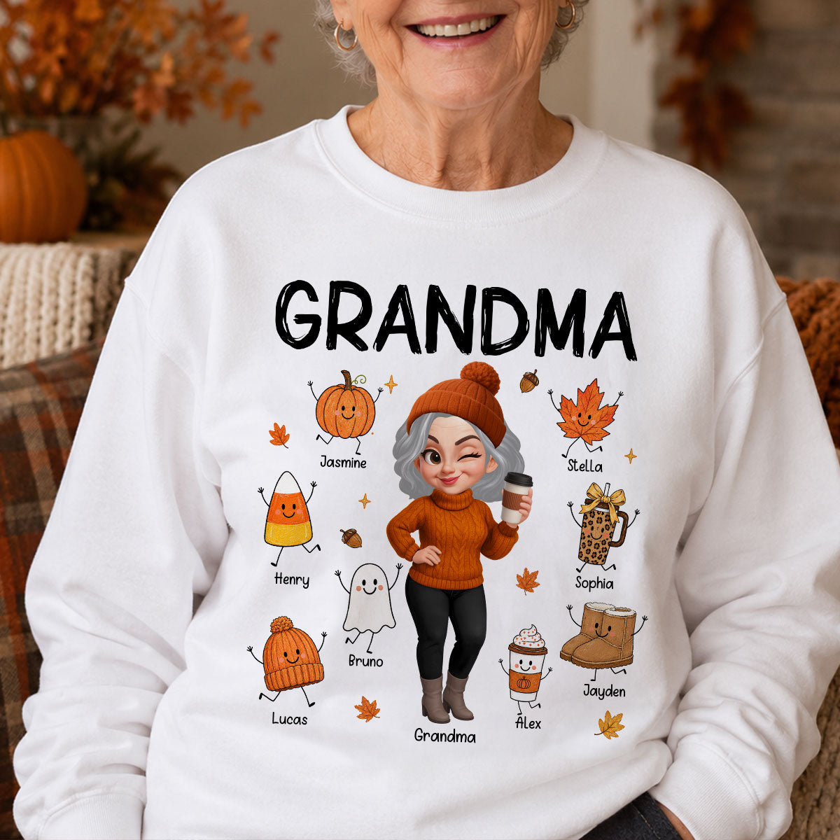 Fall Season Grandma Custom Grandkids Doodle Fall Symbols - Personalized Shirt - Fall Gift For Grandma