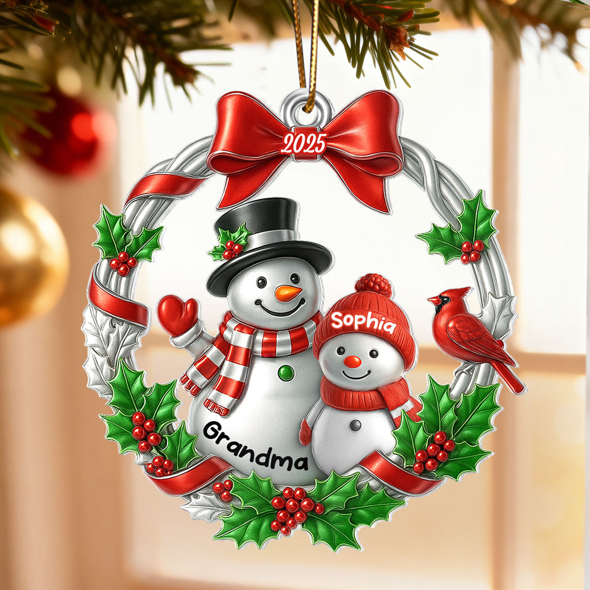 3D Metallic Effect Snowman Grandma Grandkid - Personalized Acrylic Ornament - Christmas Gift for Grandma