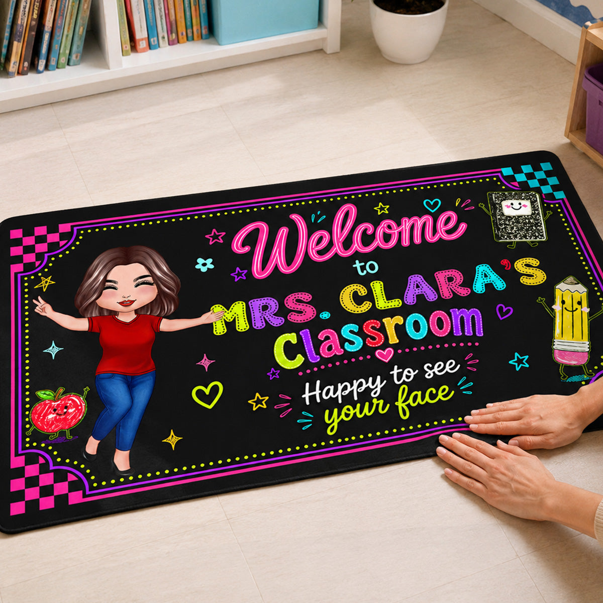 Happy To See Your Face Happy Teacher Preppy Neon Theme - Personalized Doormat - Classroom Students Welcome Decor
