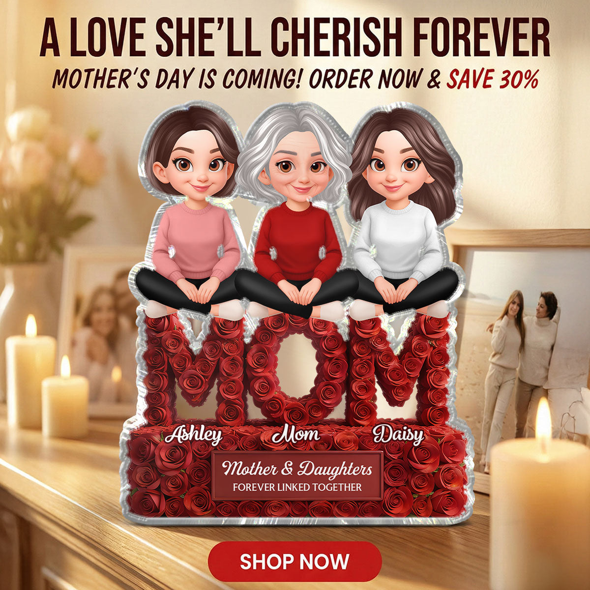 Roses MOM And Daughters Sons - Personalized Acrylic Block Plaque - Gift For Mom