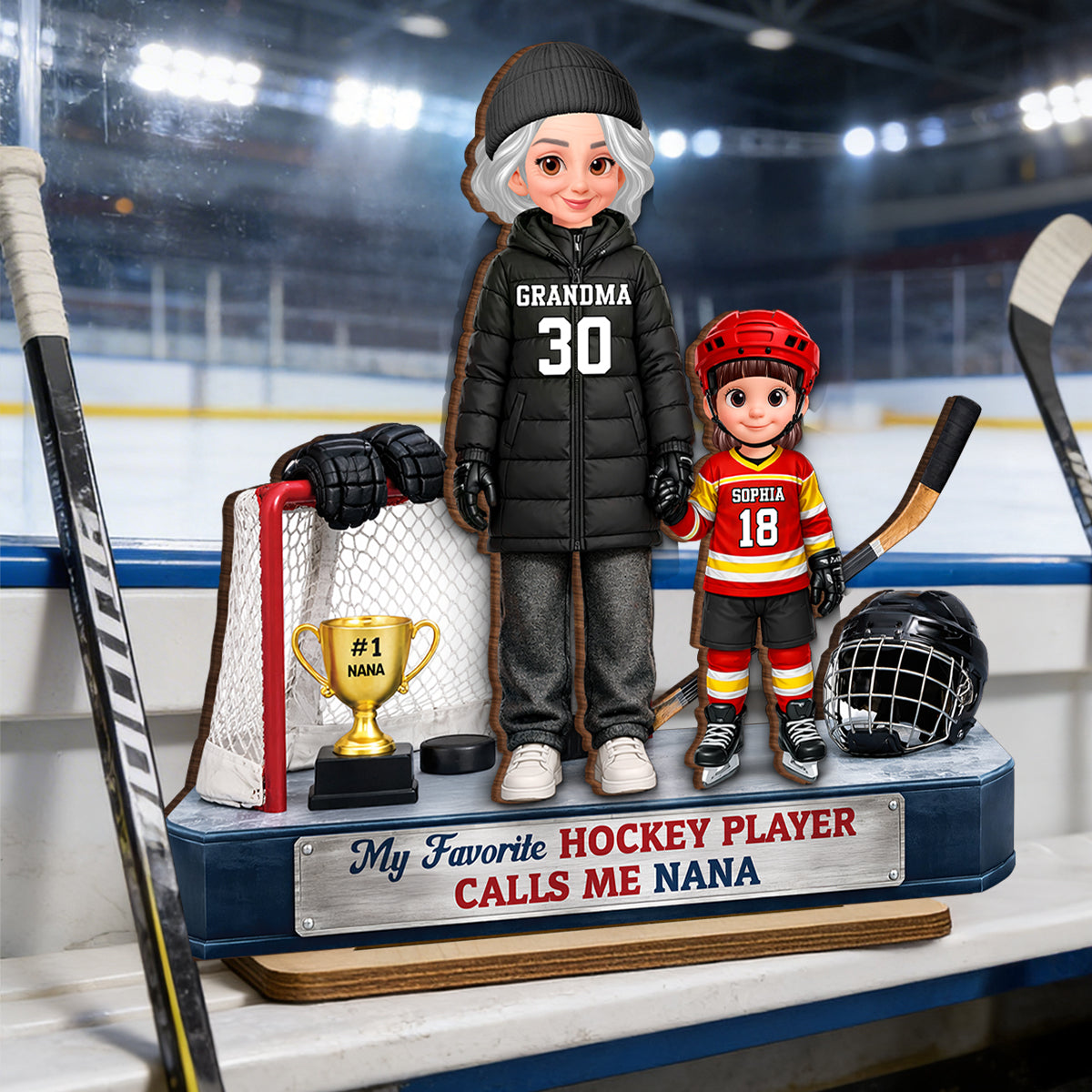 Grandma Hockey And Kids Together - Personalized 2-Layered Wooden Plaque - Heartfelt Gift For Grandma