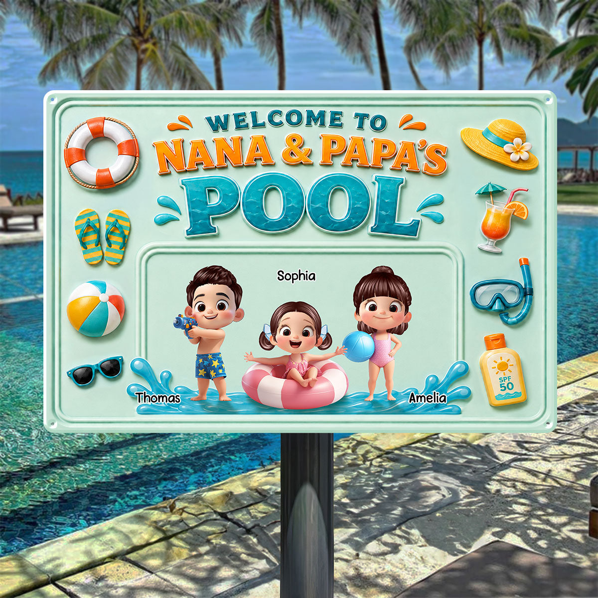 Nana & Papa's Poolside With Kids - Personalized Metal Sign - Gift For Kids, Grandparents, Summer Decorations