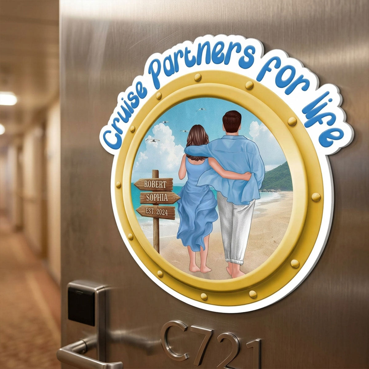 Cruise Partners For Life Porthole Couple Walking At Beach - Personalized Cruise Ship Door Magnet