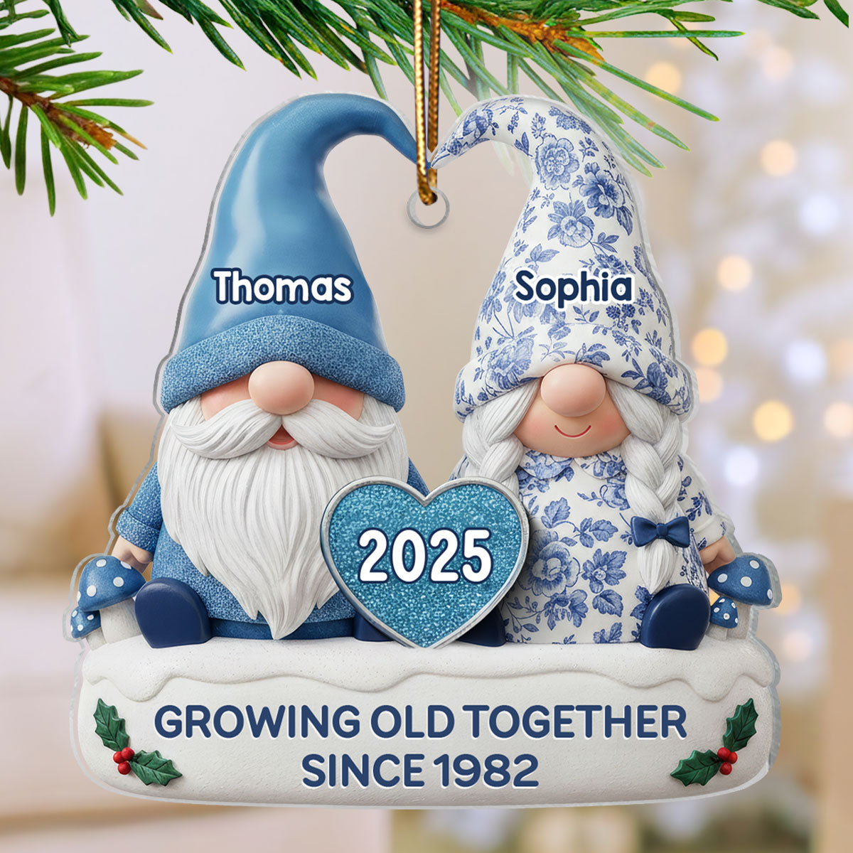 3D Effect Vintage Floral Toile De Jouy Pattern Gnome Couple - Personalized Acrylic Ornament