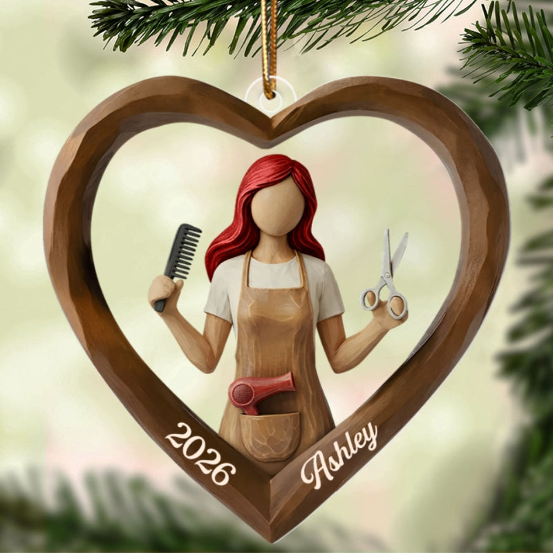 3D Effect Wooden Hairdresser - Personalized Acrylic Ornament - Unique Christmas Gift For Hairdressers