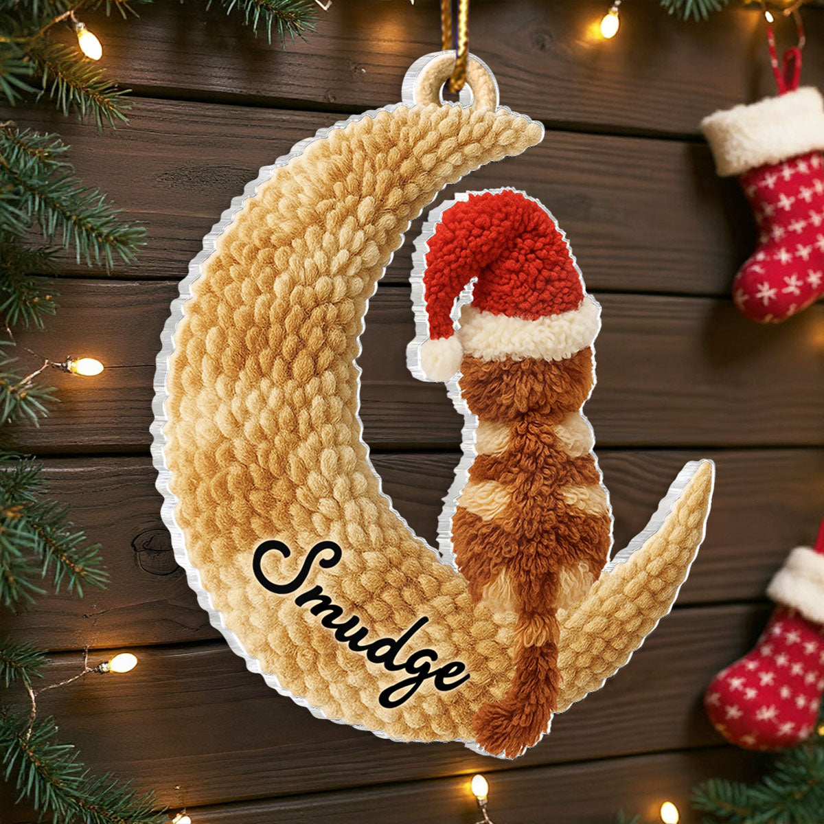 Cats Sitting on Moon Latch Hook Yarn Faux - Personalized Acrylic Ornament - Christmas Gift for Cat Lovers