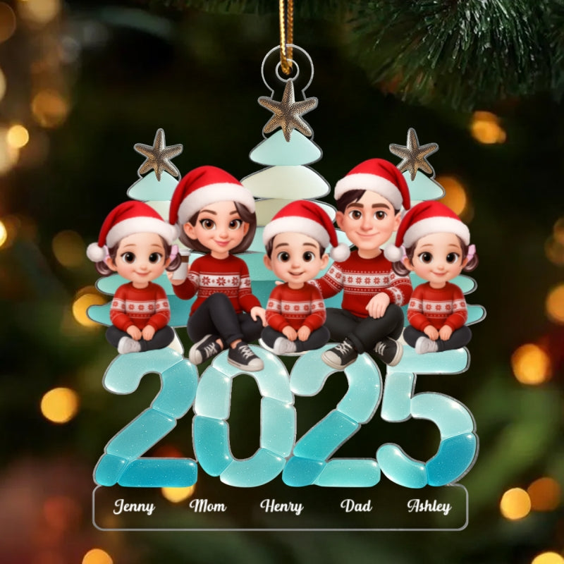 3D Effect Sea Glass Christmas Family Sitting On Text - Personalized Acrylic Ornament
