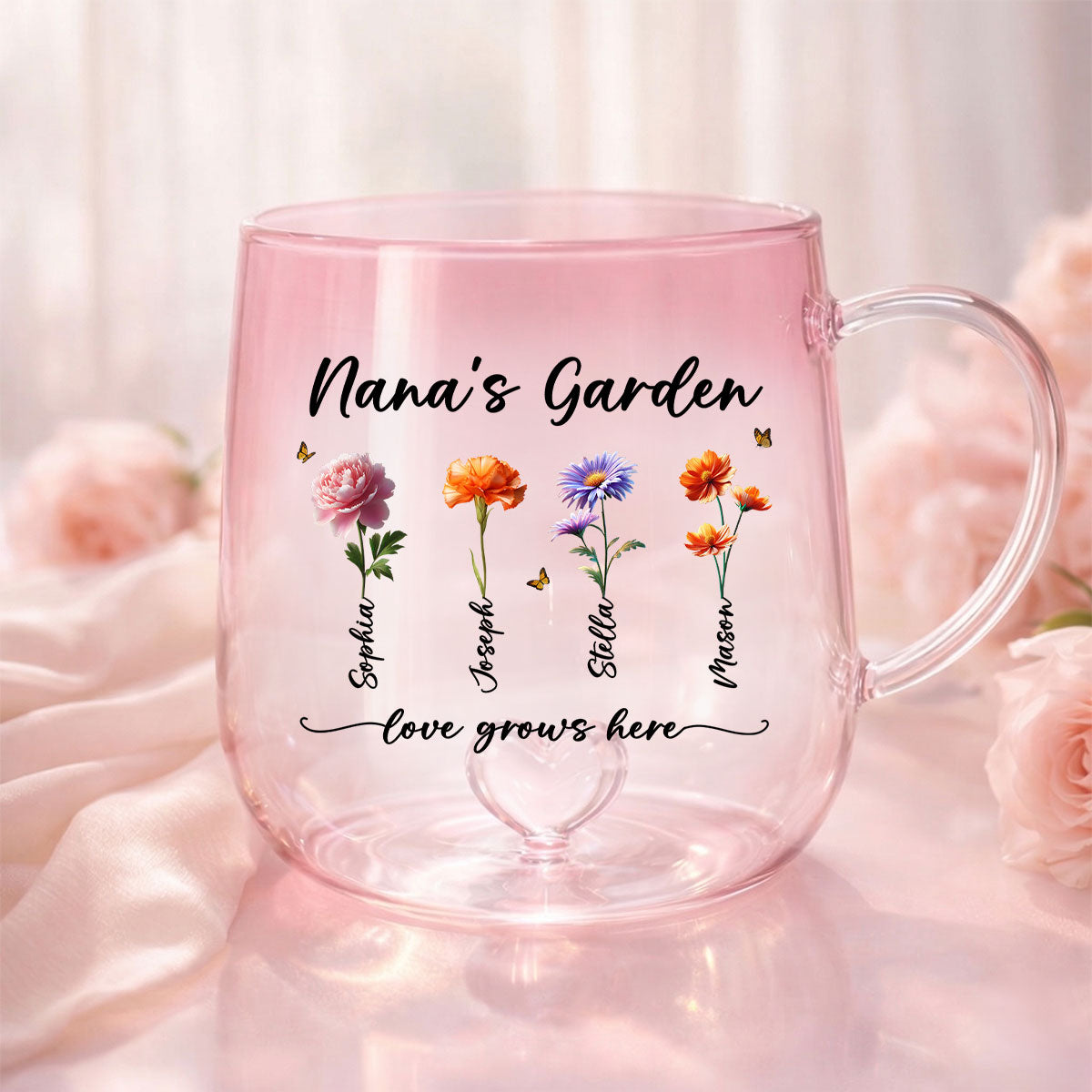 Grandma's Garden Love Grows Here - Personalized Glass Mug - Custom Birth Flowers, Mother's Day Gift for Mom, Grandma, Wife
