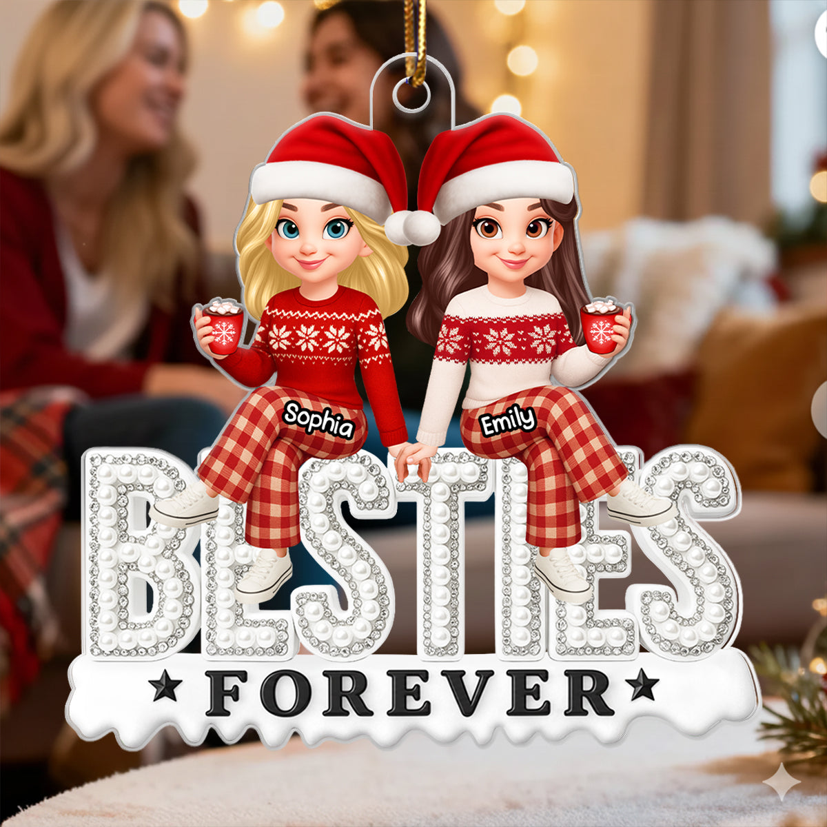 3D Pearl Rhinestone Besties - Personalized Acrylic Ornament - Christmas Gift for Best Friends