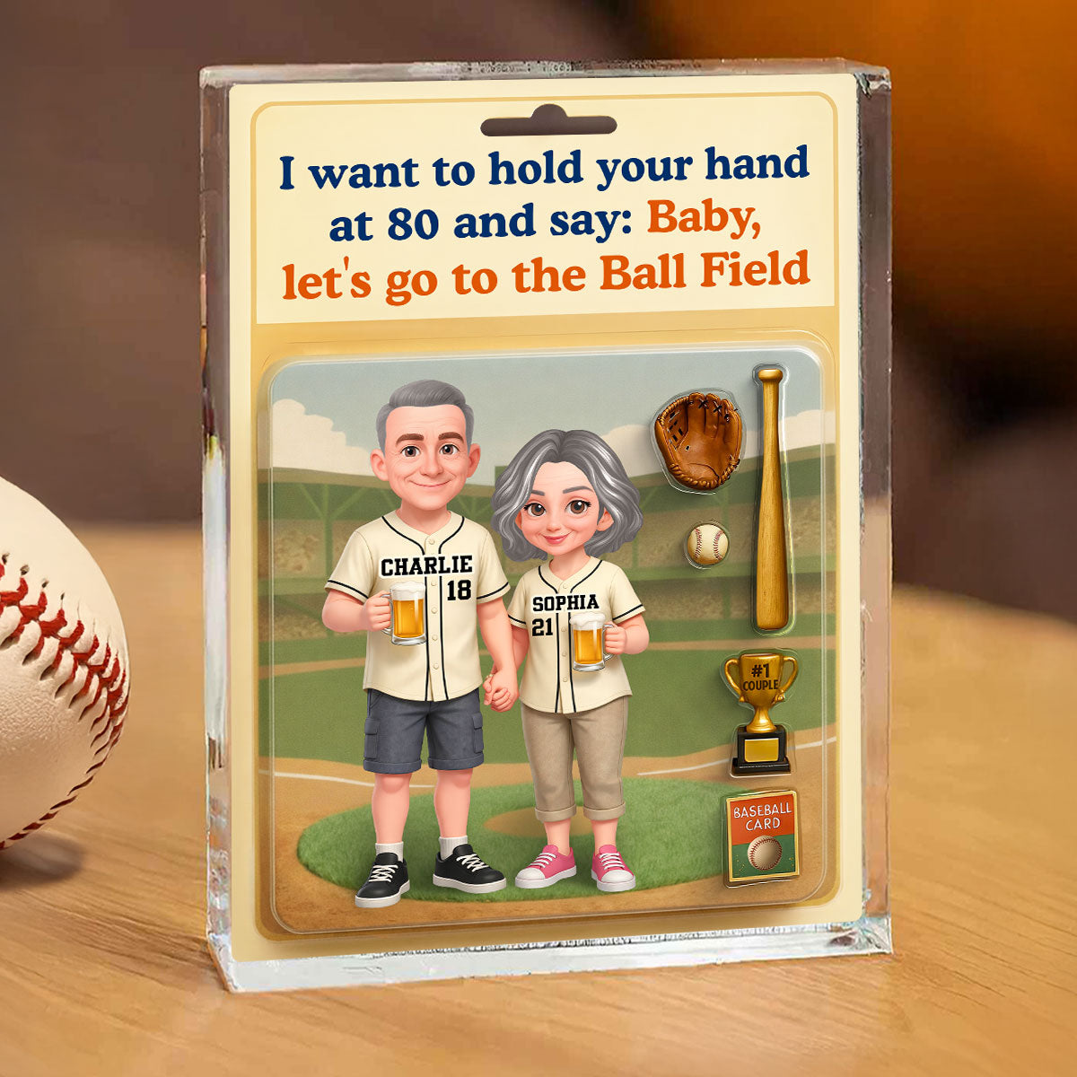 Let's Go to the Ball Field Baseball Couple Custom Figure - Personalized Acrylic Block Plaque - Heartfelt Gift for him, for her