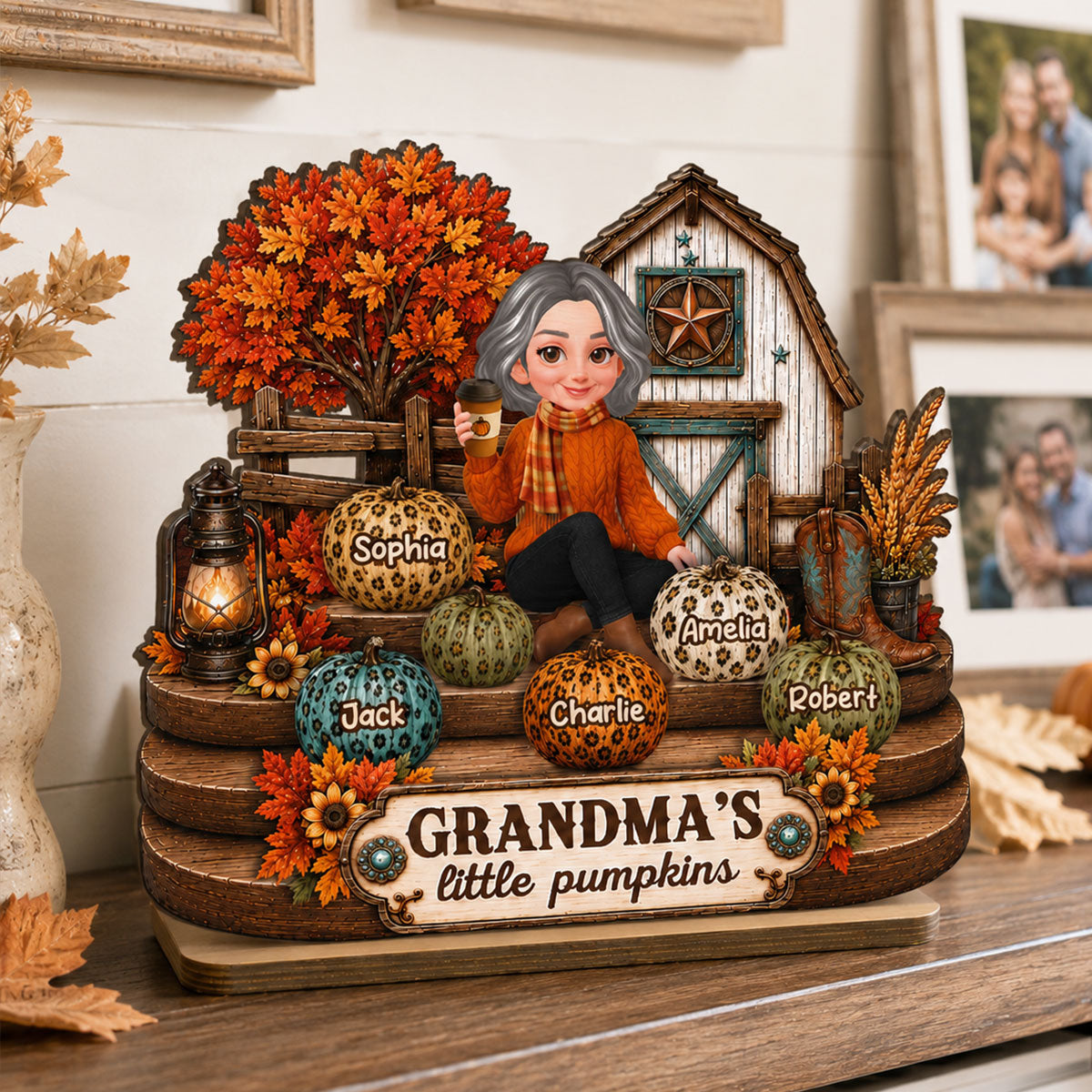 Fall Season Western Cozy Warm Farmhouse Style Grandma Little Pumpkins - Personalized 2-Layered Wooden Plaque - Fall Decor For Grandparents