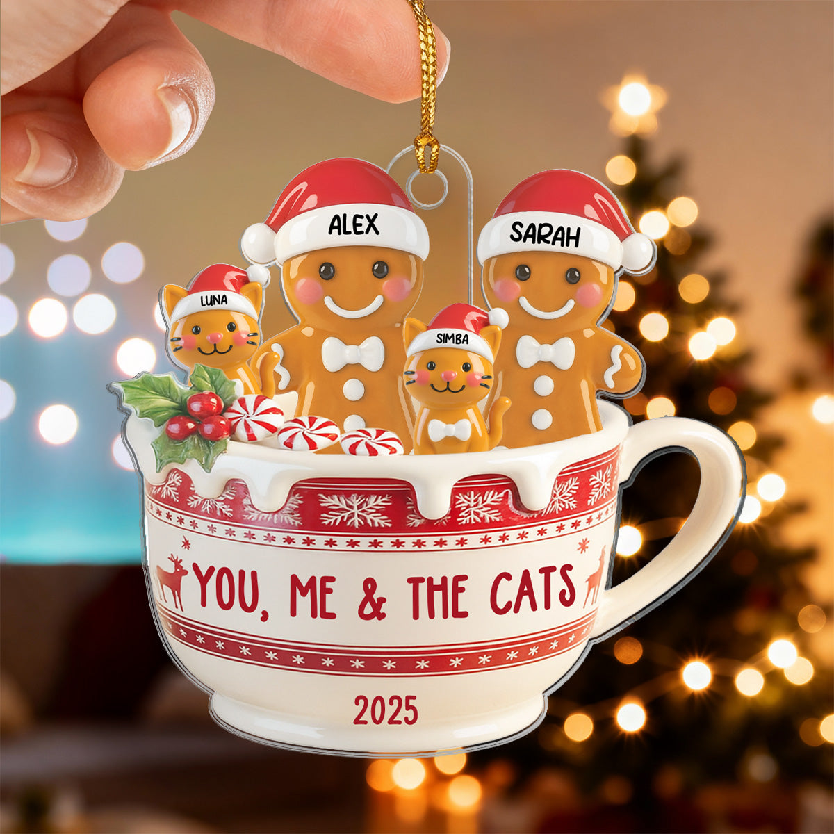 3D Effect Gingerbread Couple & Dog Cat In Hot Cocoa - Personalized Acrylic Ornament
