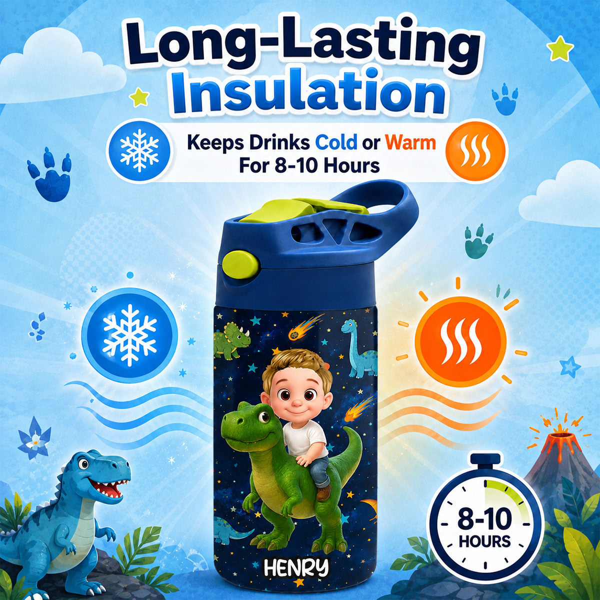 Dinosaur Adventure for Boys Girls - Personalized Kid Water Bottle - Back to School Gift for Kids