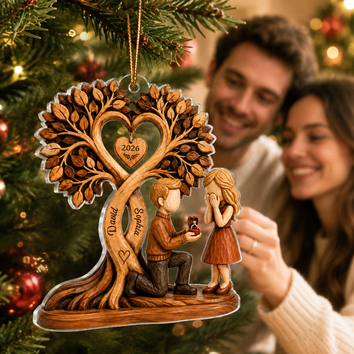 Couple Kissing Under Heart Tree - Personalized Acrylic Ornament - Heartfelt Anniversary Gift for Him, for Her