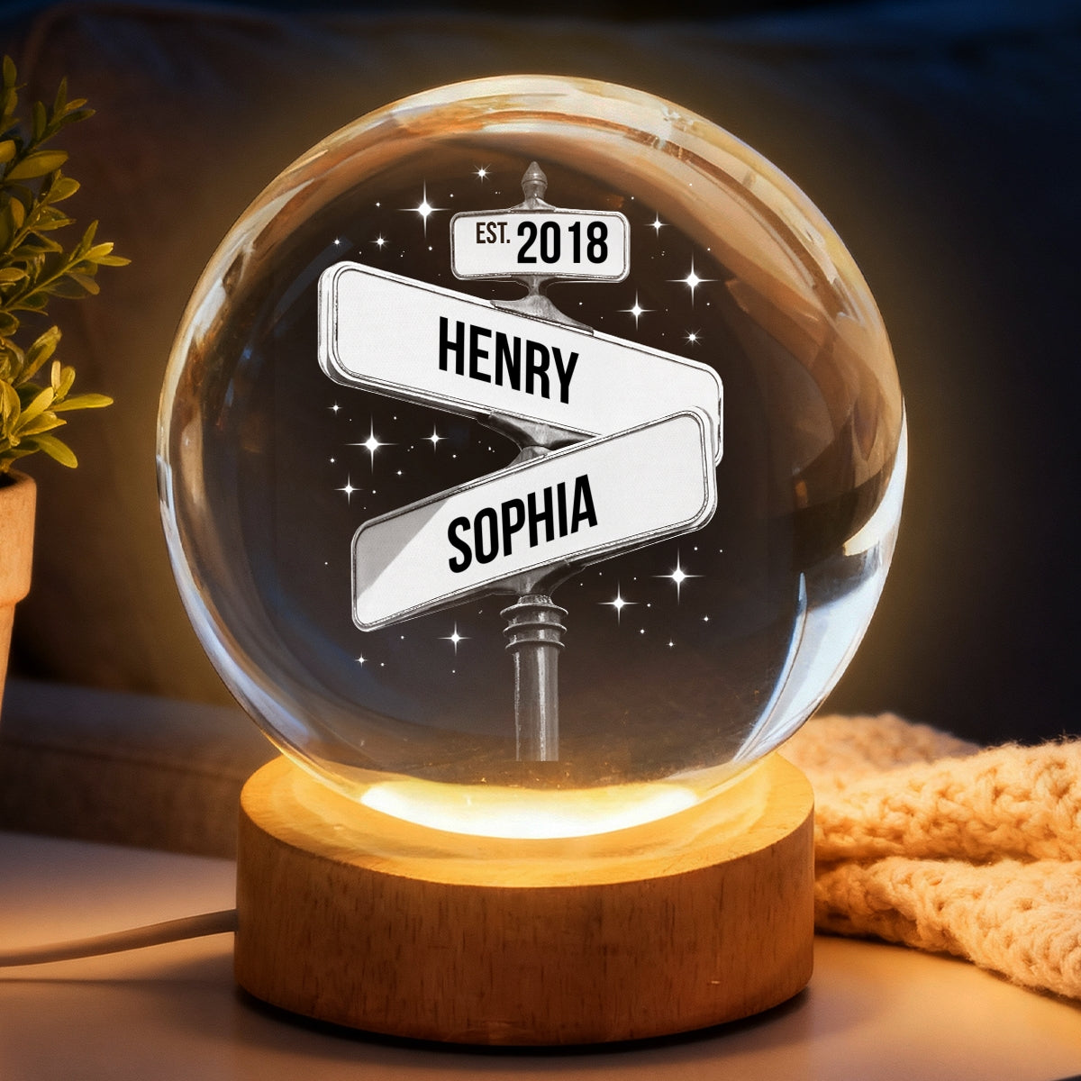 Custom Couple Street Sign - Personalized Crystal Ball LED Night Light - Sentimental Valentine's Day Gift for her, for him