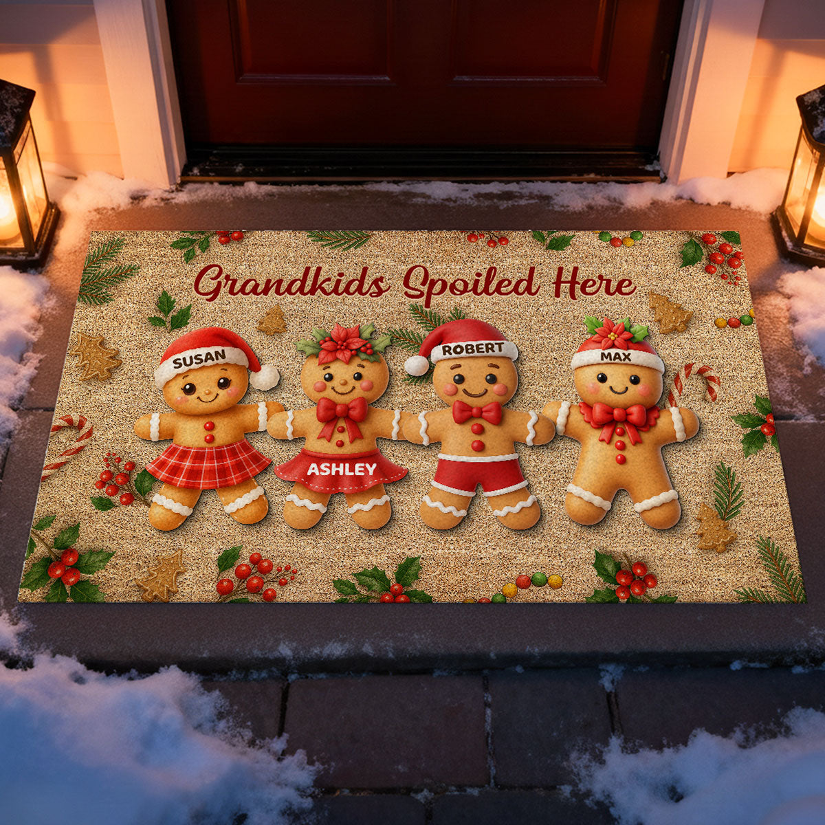 Gingerbread Grandparents and Grandkids - Personalized Doormat - Christmas Gift for Family