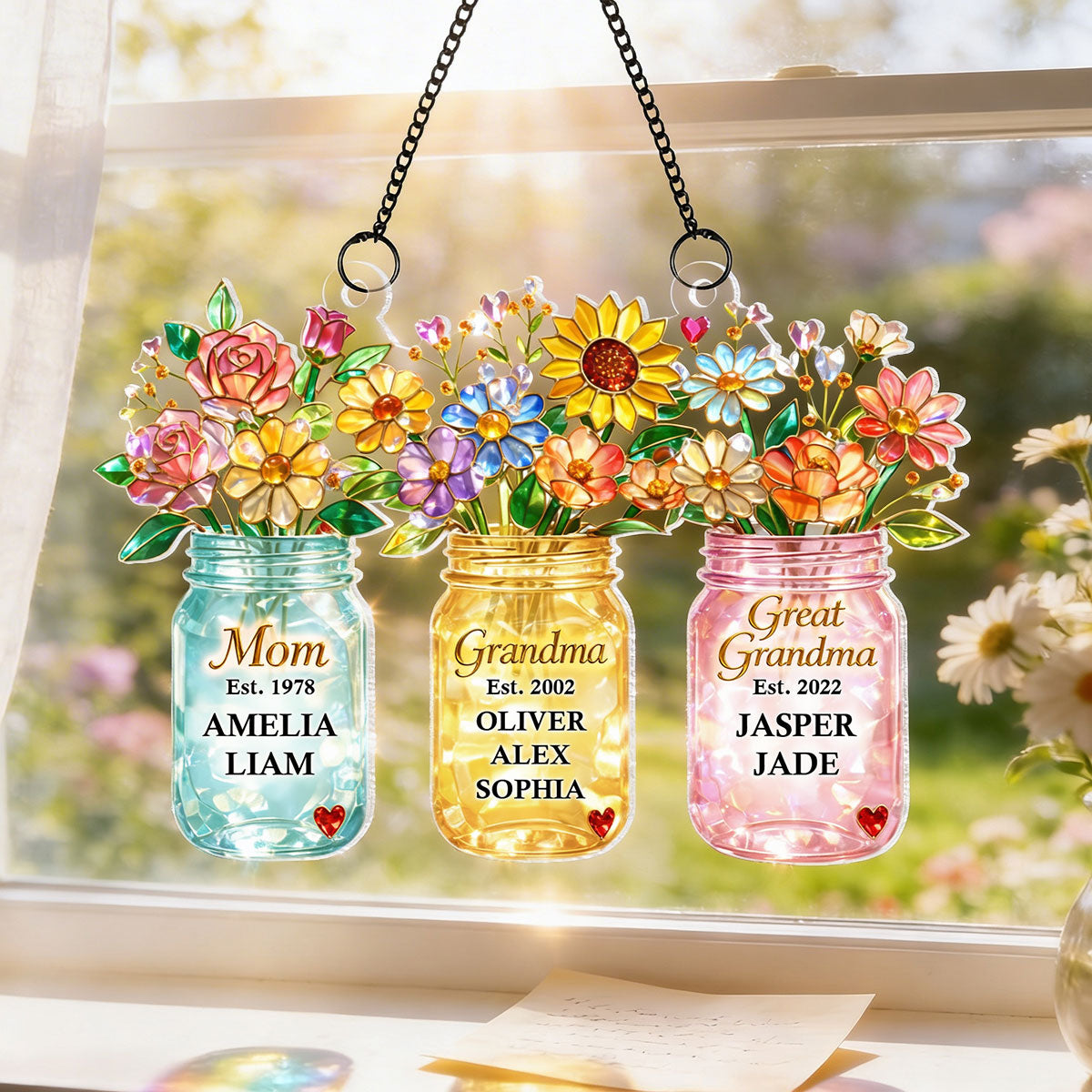 Mom Grandma Greatgrandma Flower - Personalized Suncatcher - Heartfelt Gift for Mom, Grandma
