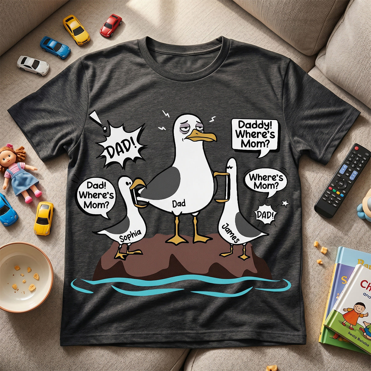 Where's Mom Funny Tired Seagull & Kids Custom Name - Personalized Shirt - Funny Father's Day Gift For Dad, Husband
