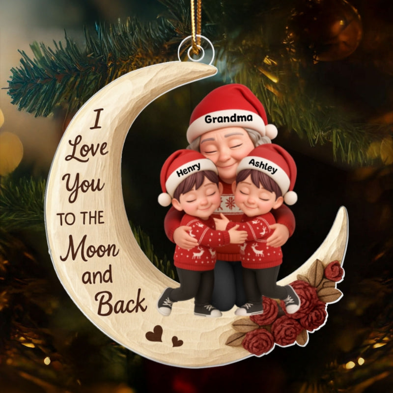 Grandma Grandkids Hugging on Moon 3D Wooden Effect - Personalized Acrylic Ornament - Christmas Gift for Grandma, Grandkids
