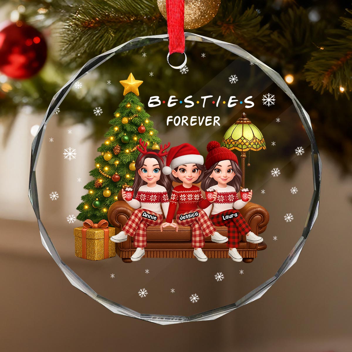 Christmas Festive Besties Forever Christmas Tree - Personalized Glass Ornament - Christmas Gift For Best Friends