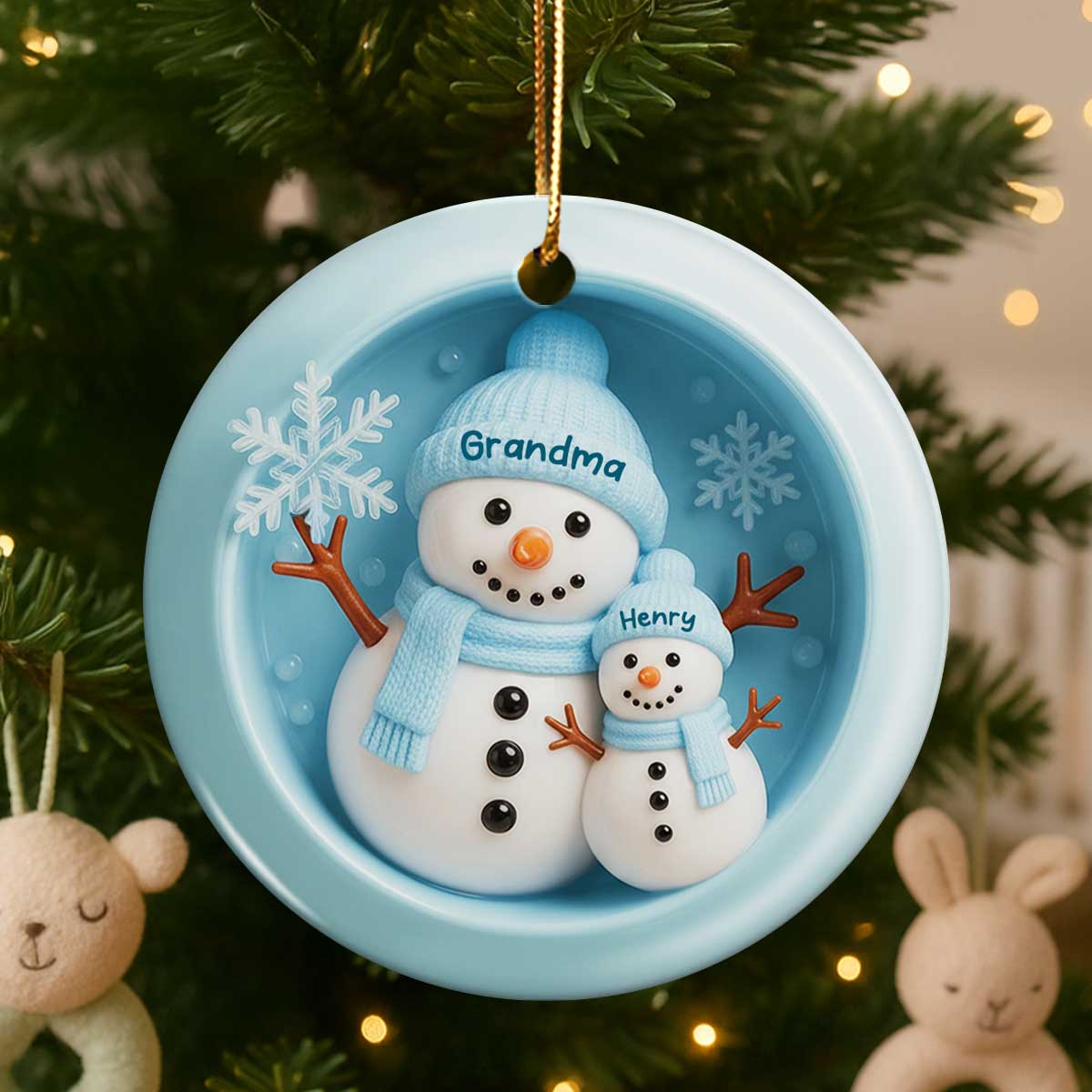 3D Effect Snowman Grandma Granddaughter Grandson - Personalized Ceramic Ornament