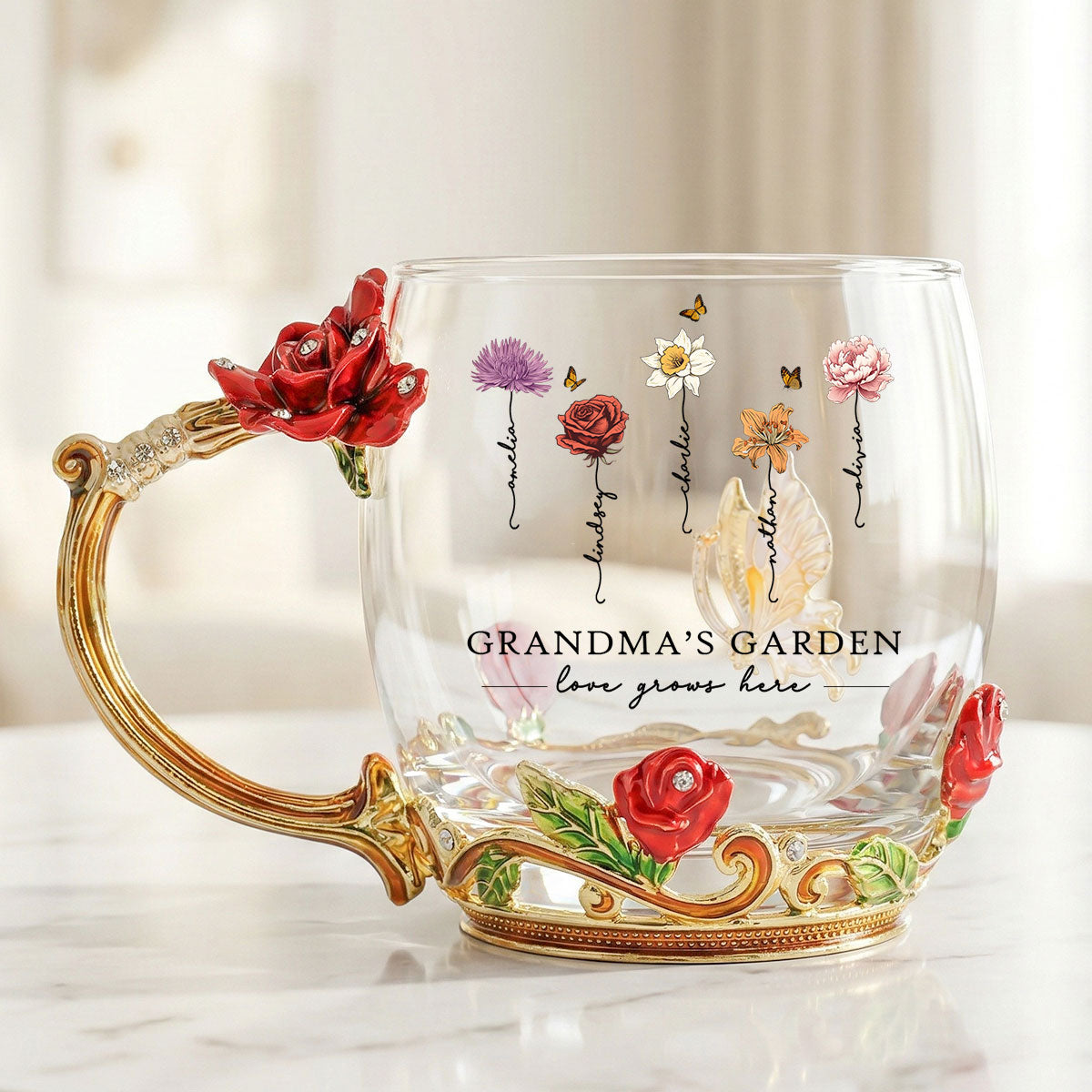 Grandma Garden Custom Birth Month Flowers - Personalized Enamel Flower Tea Cup - Gift For Grandma, Mom