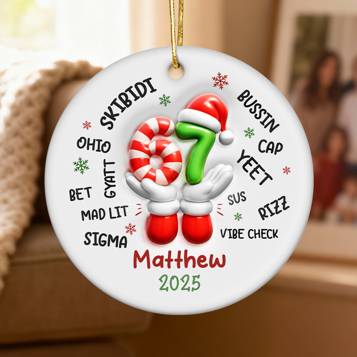 Custom Name Kid Slang Six Seven 3D Effect - Personalized Ceramic Ornament - 2025 Slang, Funny Teen Grandkid, Gen Alpha Christmas Gift