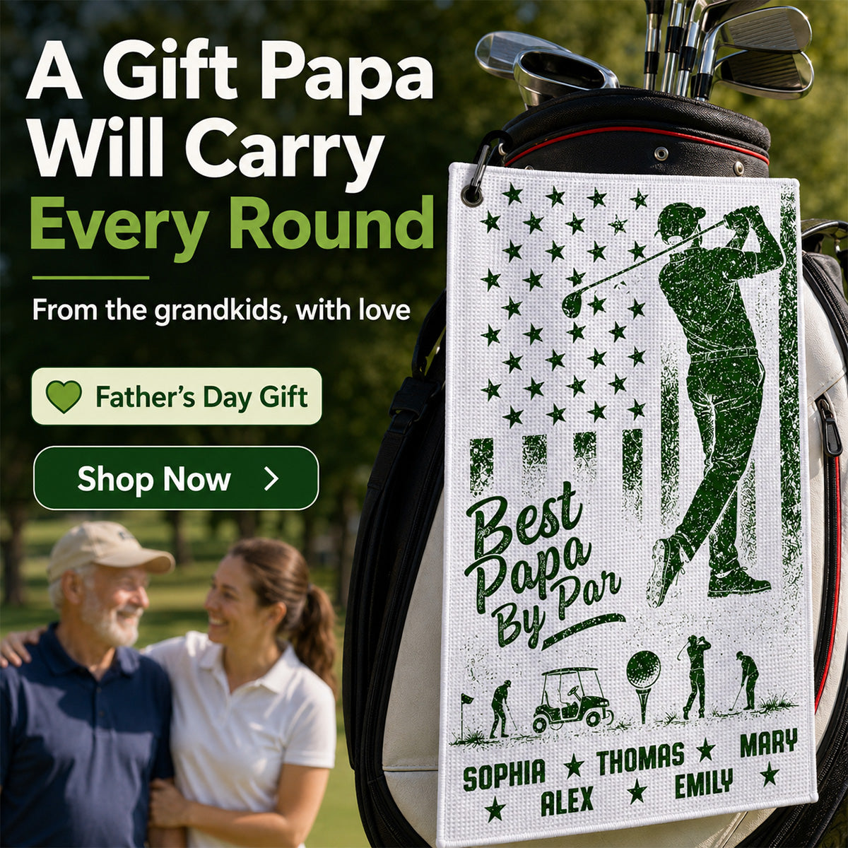 Best Dad Grandpa By Par Nation Flag Kid Custom Name - Personalized Golf Towel - Father's Day Gift For Golfers