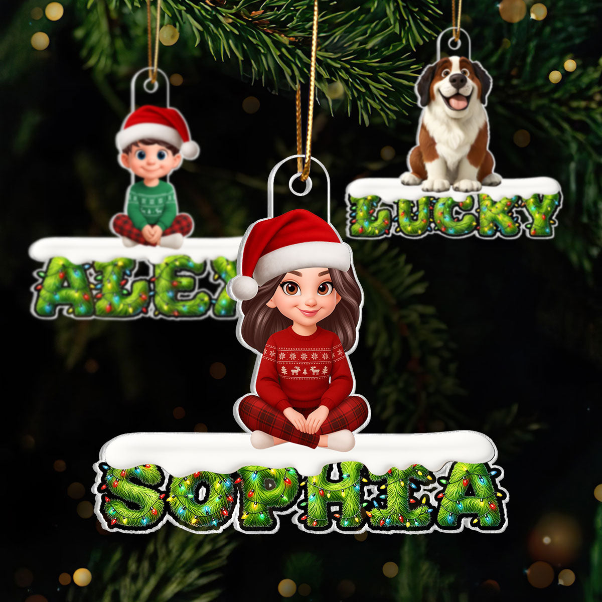 3D Effect Festive Green Pattern Family Member Name - Personalized Acrylic Ornament - Gift For Family