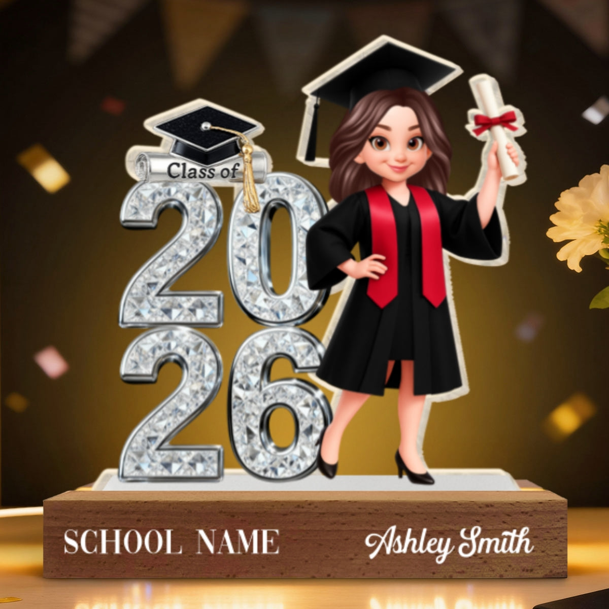 Class Of 2026 2027 Shiny Effect 2D Flat - Personalized Acrylic Block LED Night Light - Graduation Gift For Graduates, Daughter