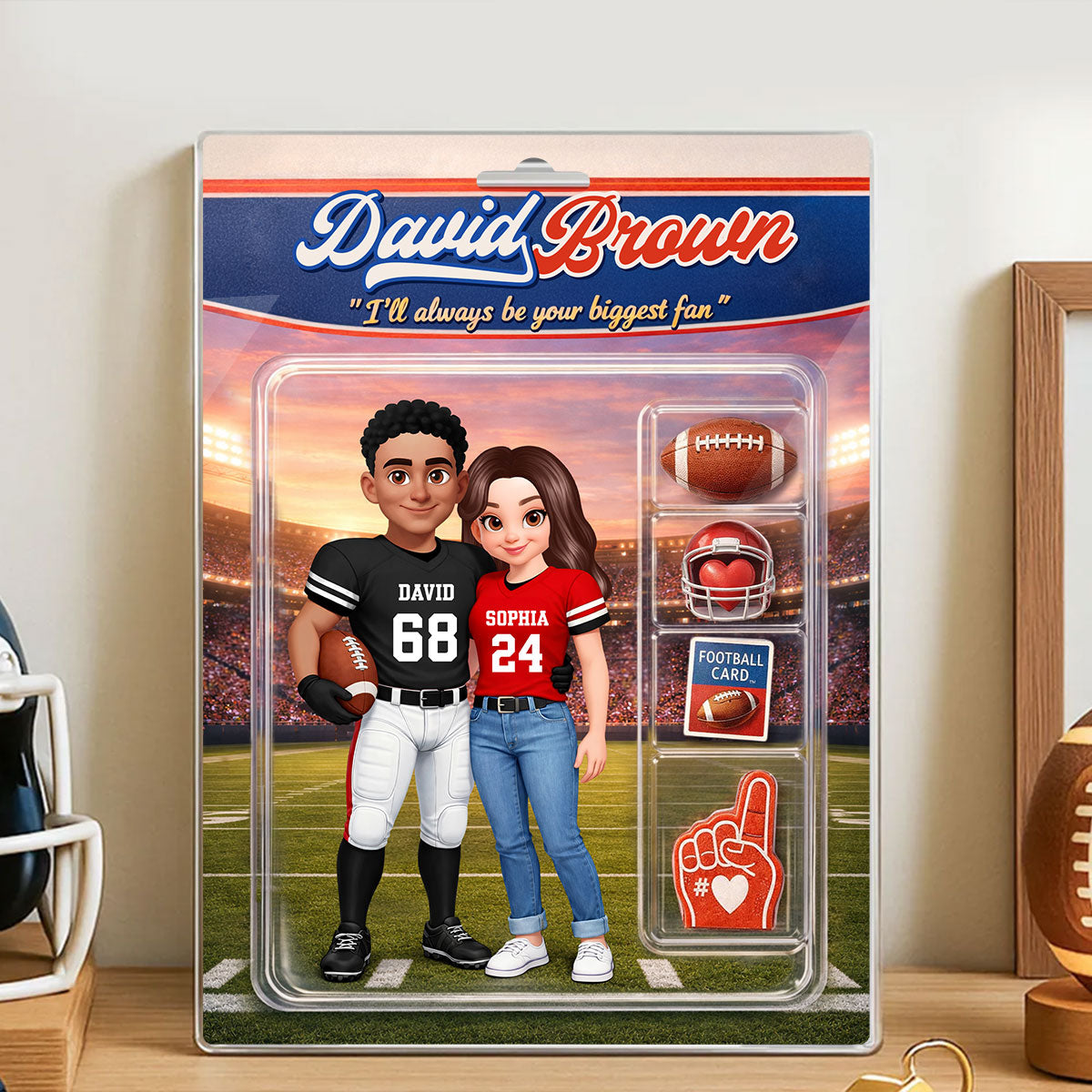 Football Couple I'll Always Be Your Biggest Fan Custom Action Figure - Personalized Acrylic Block Plaque - Sentimental Gift for Him