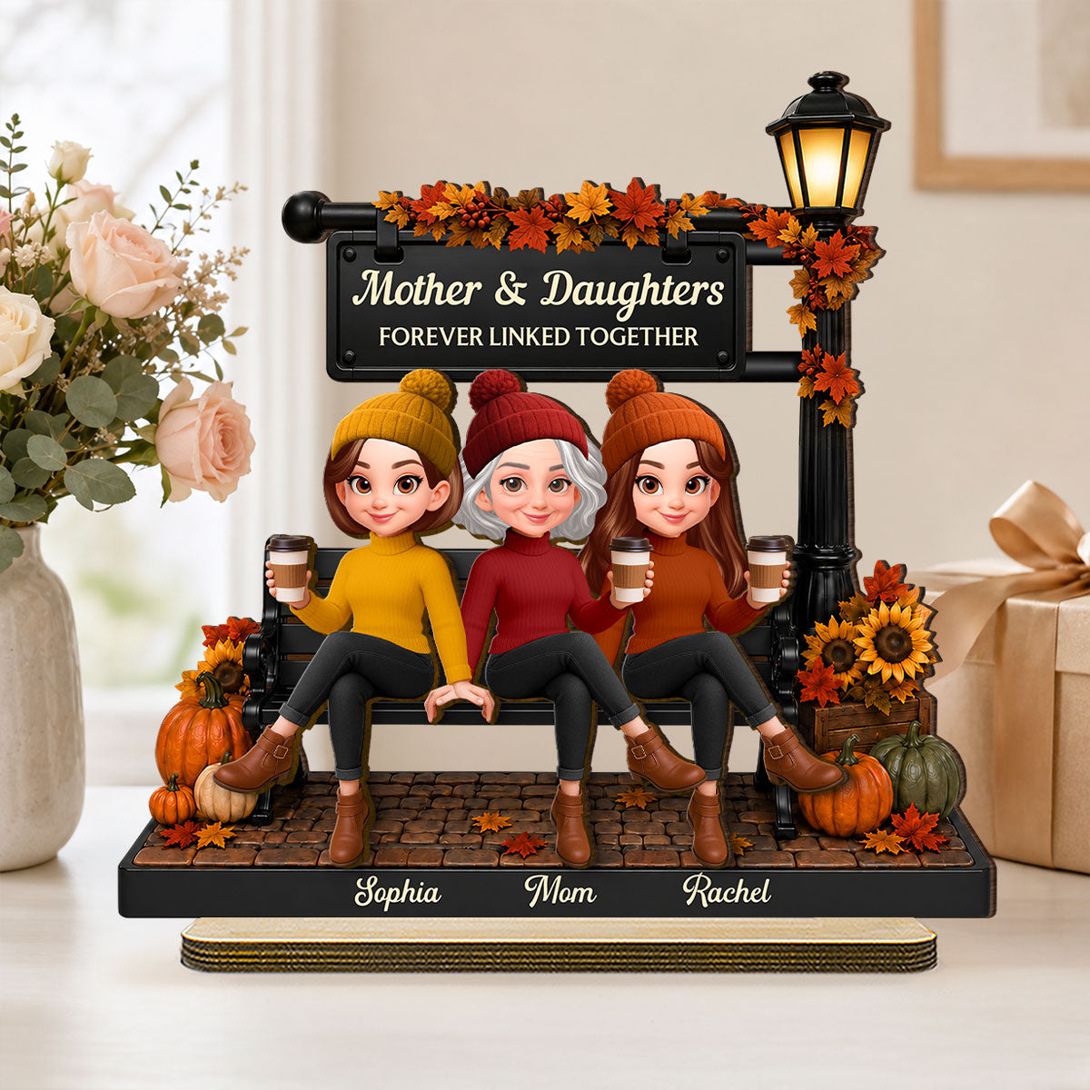 Fall Season Lamp Post Mom And Daughters - Personalized 2-Layered Wooden Plaque - Fall Gift For Mom, Daughters