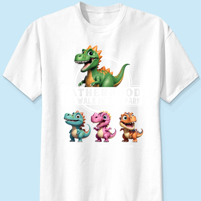 Fatherhood Is A Walk In The Park Dinosaurs Dad & Kids - Personalized Shirt - Father's Day Gift For Husband, Dad