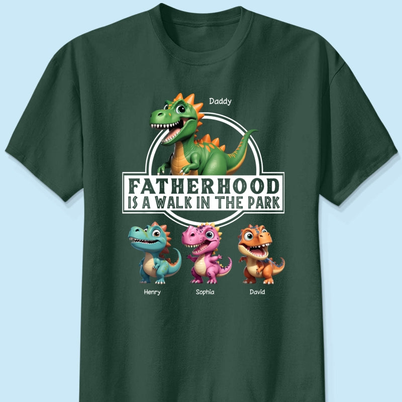 Fatherhood Is A Walk In The Park Dinosaurs Dad & Kids - Personalized Shirt - Father's Day Gift For Husband, Dad