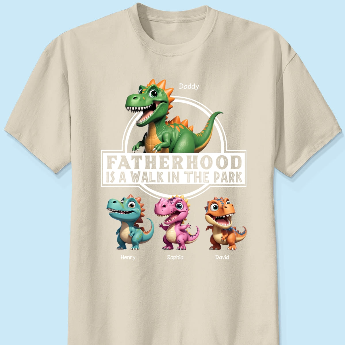 Fatherhood Is A Walk In The Park Dinosaurs Dad & Kids - Personalized Shirt - Father's Day Gift For Husband, Dad