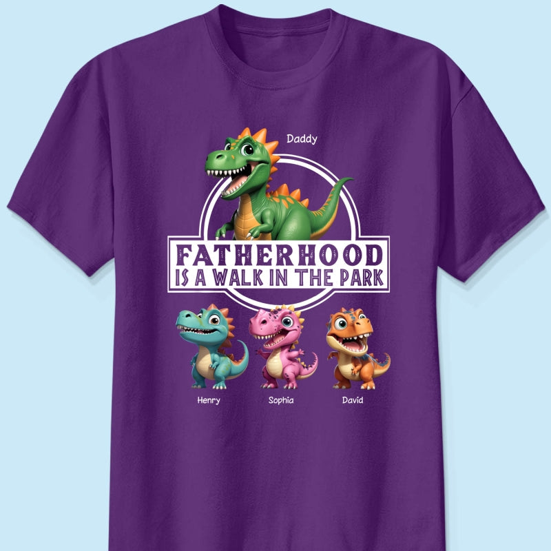 Fatherhood Is A Walk In The Park Dinosaurs Dad & Kids - Personalized Shirt - Father's Day Gift For Husband, Dad