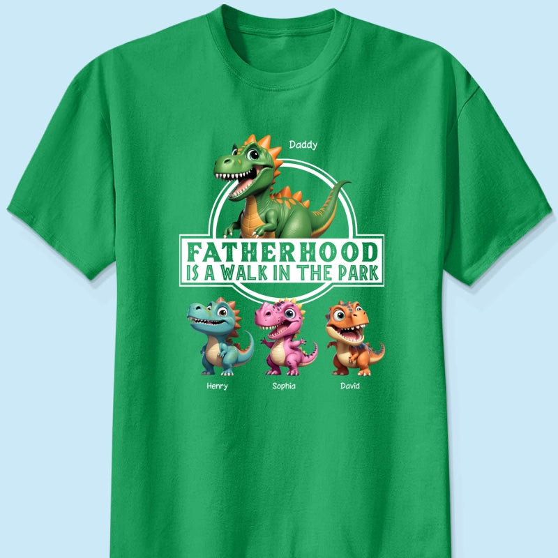Fatherhood Is A Walk In The Park Dinosaurs Dad & Kids - Personalized Shirt - Father's Day Gift For Husband, Dad