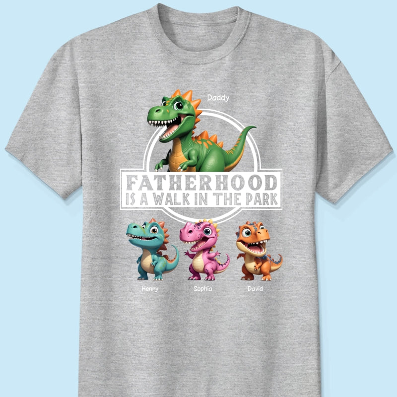 Fatherhood Is A Walk In The Park Dinosaurs Dad & Kids - Personalized Shirt - Father's Day Gift For Husband, Dad