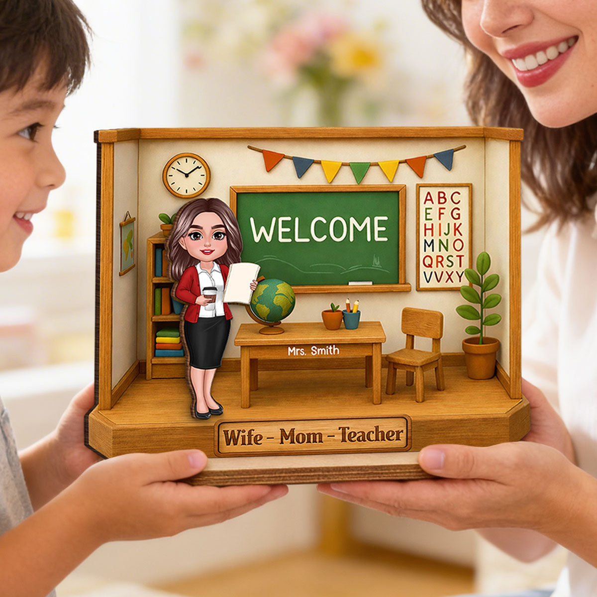 Wife Mom Teacher - Personalized 2-Layered Wooden Plaque - Gift For Teacher Mom