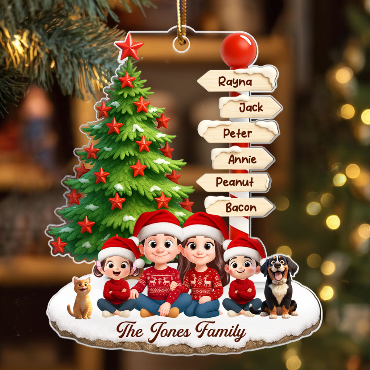 Family Sitting Together Custom Name Sign Post - Personalized Acrylic Ornament - Christmas Gift for Family