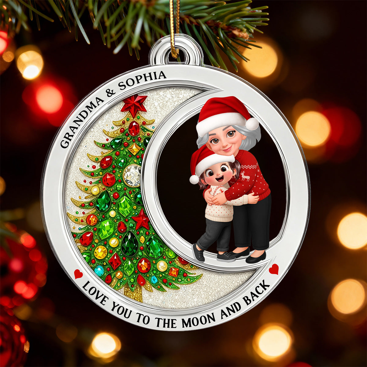 2D Flat Crystal Effect Love To The Moon Grandma Hugging Grandkid - Personalized Acrylic Ornament