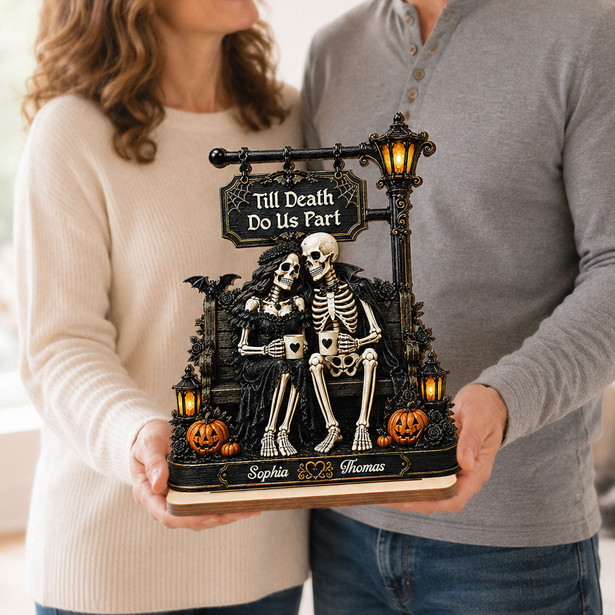 Till Death Do Us Part Skeleton Couple Under Lamp Post 2D Flat - Personalized 2-Layered Wooden Plaque - Halloween Decor For Couple