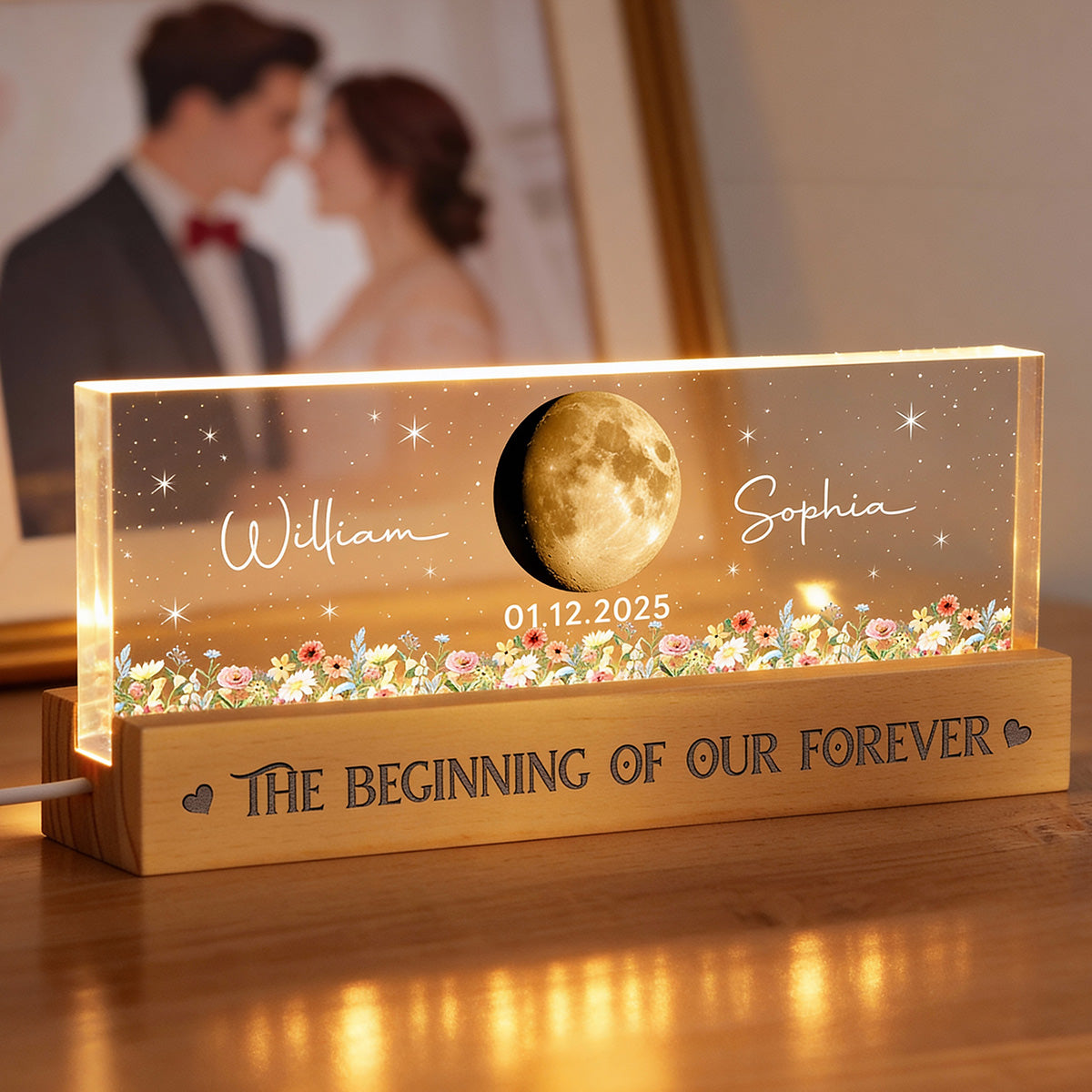 Floral Our Moon Couple Custom Moon Phase Anniversary Date - Personalized Acrylic Block LED Plaque Night Light - Gift For Couple