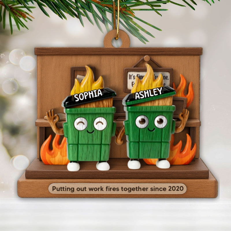3D Effect Dumpster Fires In Office Scene - Personalized Wooden Ornament - Funny Gift For Colleagues, Work Besties