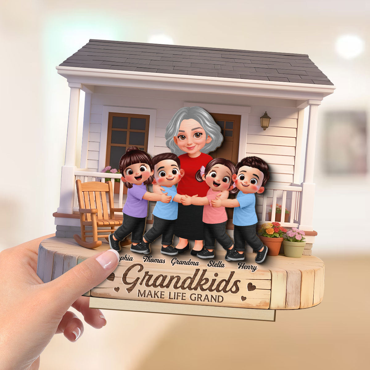 Grandma And Grandkids Happy Together At Front Porch - Personalized 2-Layered Wooden Plaque - Gift For Grandma