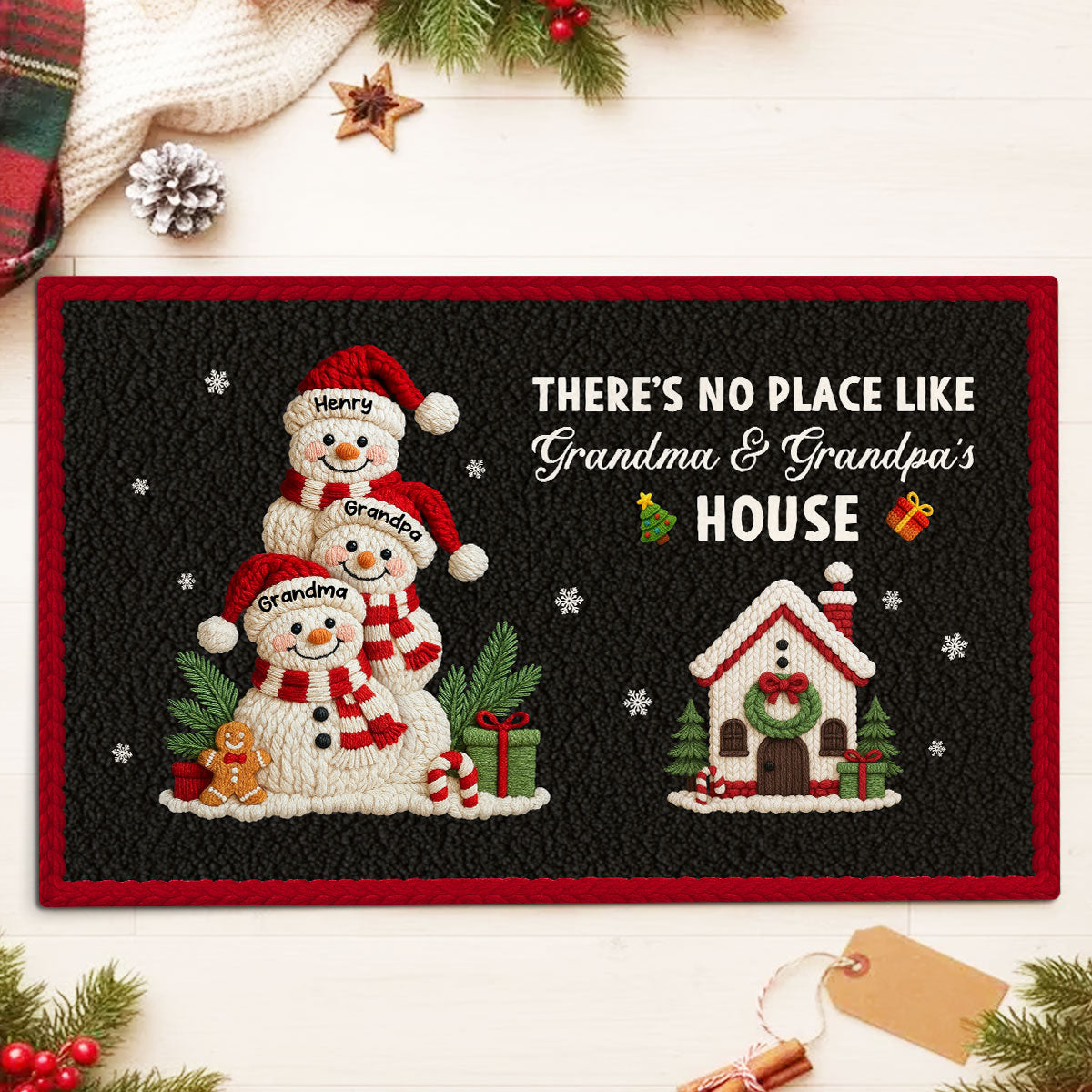 No Place Like Grandma Grandpa Snowman Latch Hook Yarn Faux - Personalized Doormat - Festive Christmas Decor for Grandparents