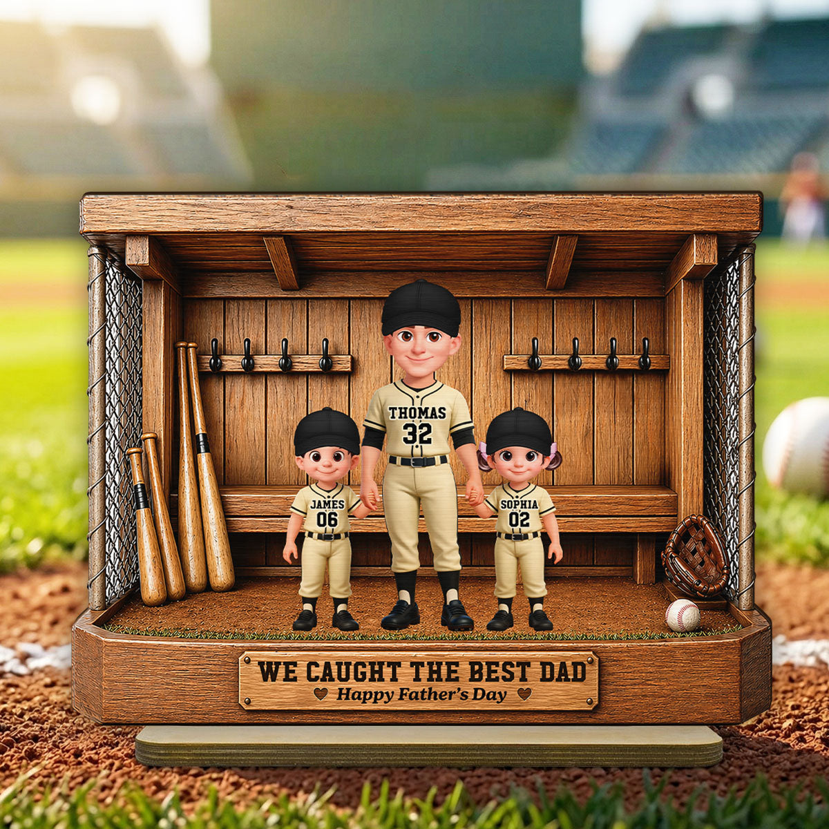 Baseball Dugout Dad And Kids We Caught The Best Dad - Personalized 2-Layered Wooden Plaque -  Gift For Dad