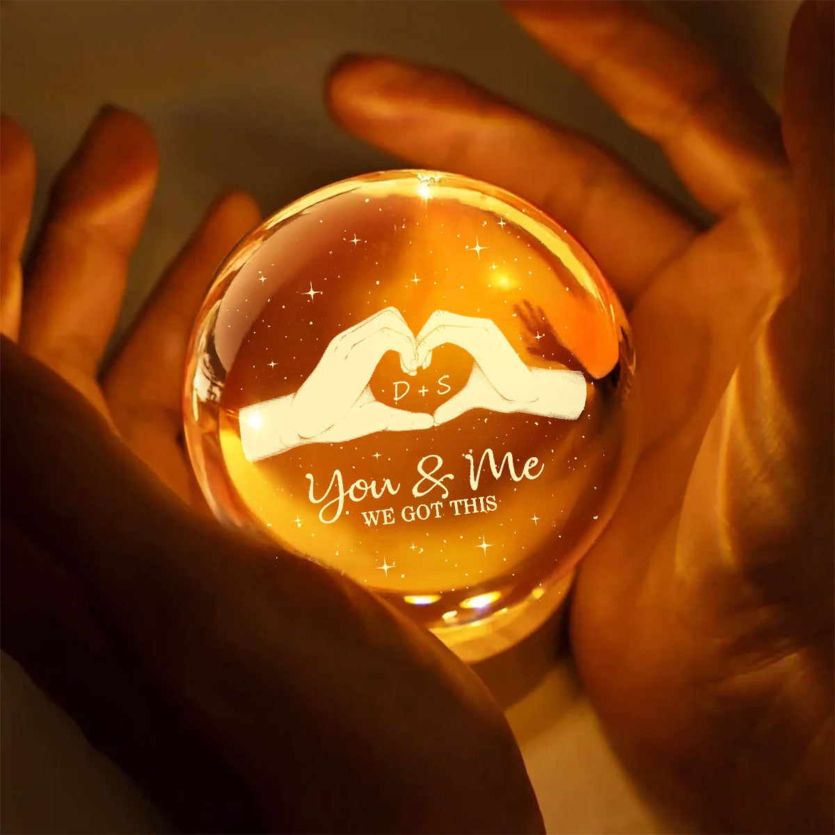 Hearts Hands Couple Initials - Personalized Crystal Ball LED Night Light - Valentine's Day Gift For Couple